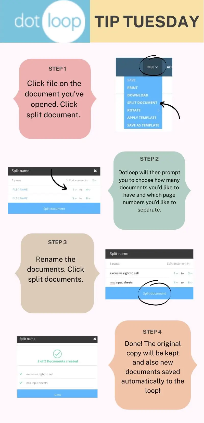 Did you add one large scan of seller signed documents into your dotloop and need to separate them to make your loop clean? This tip is for you! (And especially helpful to admins). See some easy steps below to split a large scan and save separate documents into your loop.