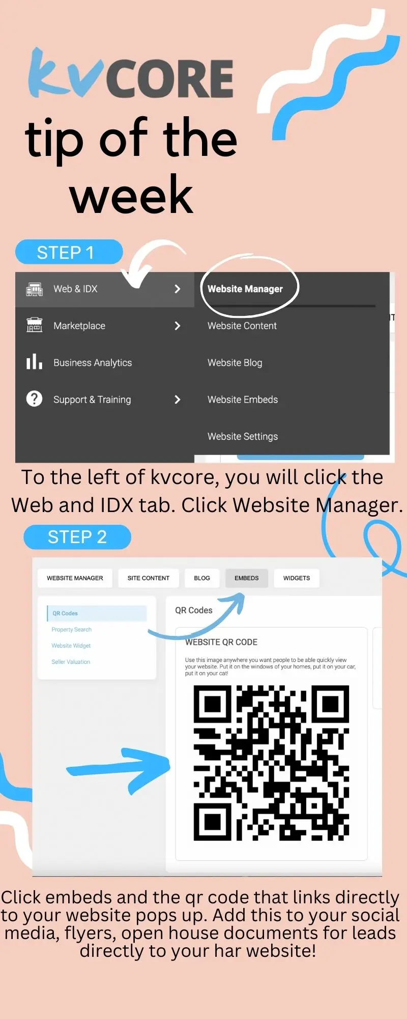 kvCORE has many features and is a great resource for you and your business. I hope these future tips will make your life easier and you find out something new (like I do every time I login)! Below is a step-by-step on how to save or screenshot the QR code that links directly to YOUR website. This is a great way to catch website leads that fill into your CRM! Simply screenshot and place on flyers, marketing materials, your business card, social media posts, open house materials, and everything else! It links to "yourname.homeadvantagerealty.com". Pro Tip: You also have the option to link your listing (or any in the MLS) to a QR code on the same page of "Embeds"